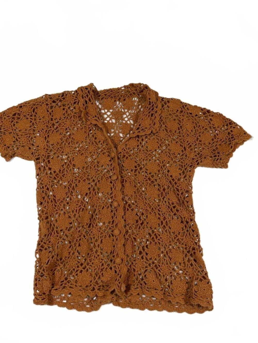 90s Vintage Feminine Orange Brown Crochet Knit Short Sleeve Semi Sheer Top S